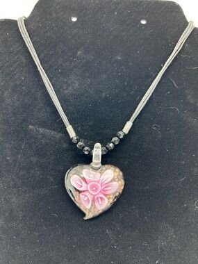 Handcrafted Pink Floral Heart Glass Pendant Necklace